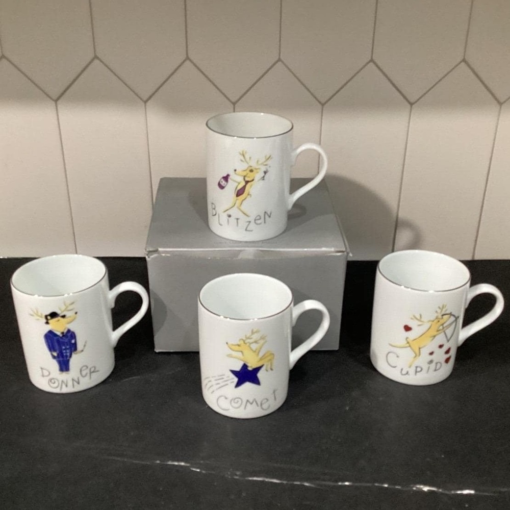 Pottery Barn Christmas Reindeer Coffee Mugs 4 Pc Set Donner Cupid Blitzen Comet